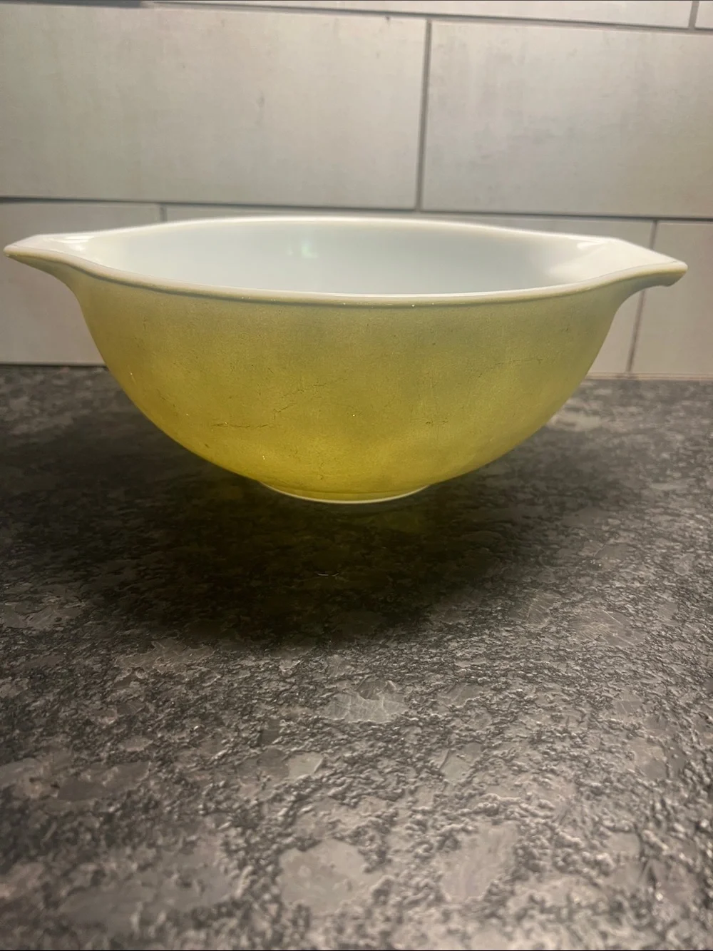 Vintage PYREX Avocado Green Mixing Bowl #443 with White Interior